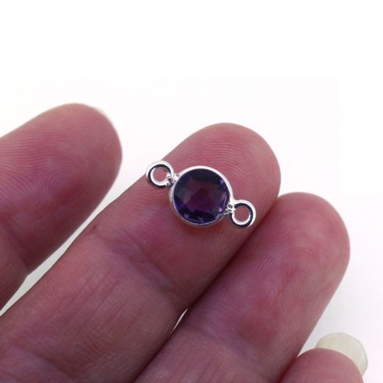 Wholesale Sterling Silver Bezel Gemstone Connectors- 6mm Faceted Coin Shape - Amethyst Quartz - February Birthstone