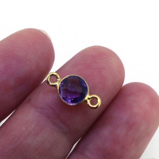 Wholesale Gold over Sterling Silver Bezel Gemstone Connectors- 6mm Faceted Coin Shape - Amethyst Quartz - February Birthstone