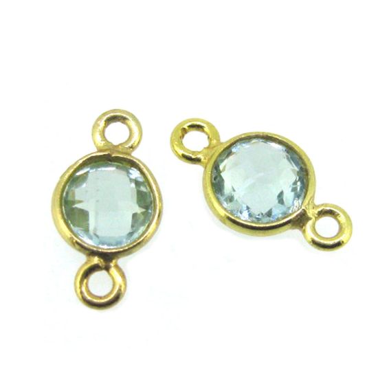 Wholesale Gold over Sterling Silver Bezel Gemstone Connectors- 6mm Faceted Coin Shape - Aqua Quartz- March Birthday