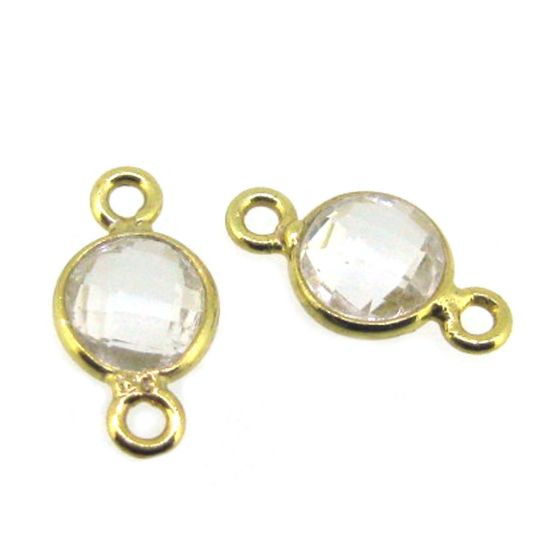 Wholesale Gold over Sterling Silver Bezel Gemstone Connectors- 6mm Faceted Coin Shape - Crystal Quartz- April Birthstone