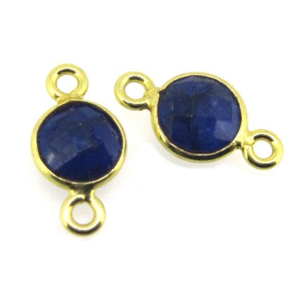 Wholesale Gold over Sterling Silver Bezel Gemstone Connectors- 6mm Faceted Coin Shape - Blue Sapphire- September birthstone