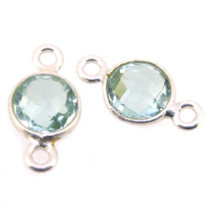 Wholesale Sterling Silver Bezel Gemstone Connectors- 6mm Faceted Coin Shape - Aqua Quartz- March Birthstone