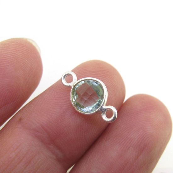 Wholesale Sterling Silver Bezel Gemstone Connectors- 6mm Faceted Coin Shape - Aqua Quartz- March Birthstone