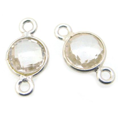 Wholesale Sterling Silver Bezel Gemstone Connectors- 6mm Faceted Coin Shape - Crystal Quartz- April Birthstone