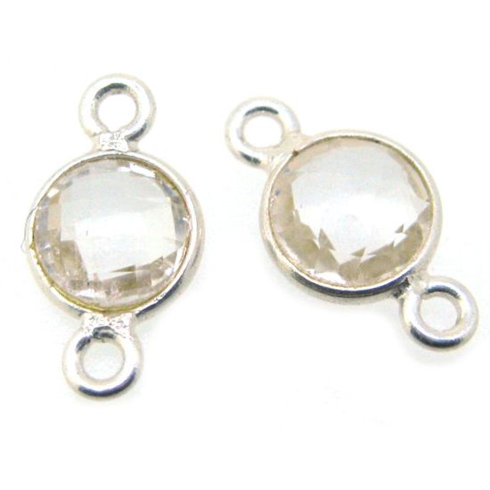 Wholesale Sterling Silver Bezel Gemstone Connectors- 6mm Faceted Coin Shape - Crystal Quartz- April Birthstone