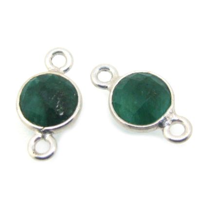 Wholesale Sterling Silver Bezel Gemstone Connectors- 6mm Faceted Coin Shape - Emerald- May Birthstone