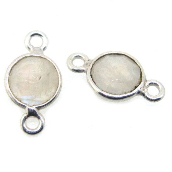 Wholesale Sterling Silver Bezel Gemstone Connectors- 6mm Faceted Coin Shape - Moonstone- June Birthstone