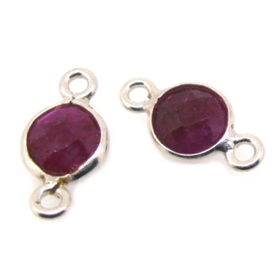 Wholesale Sterling Silver Bezel Gemstone Connectors- 6mm Faceted Coin Shape - Ruby- July Birthstone