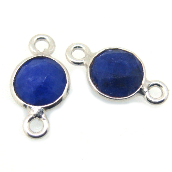 Wholesale Sterling Silver Bezel Gemstone Connectors- 6mm Faceted Coin Shape - Blue Sapphire- September Birthstone