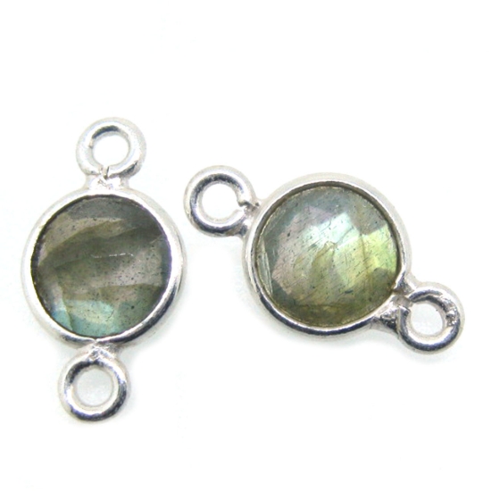 Wholesale Sterling Silver Bezel Gemstone Connectors- 6mm Faceted Coin Shape - Labradorite
