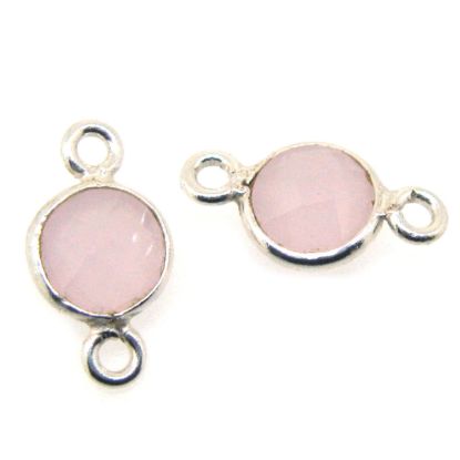 Wholesale Sterling Silver Bezel Gemstone Connectors- 6mm Faceted Coin Shape - Pink Chalcedony