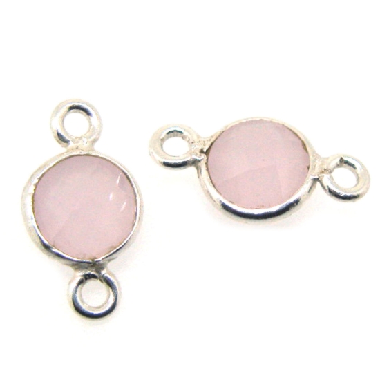 Wholesale Sterling Silver Bezel Gemstone Connectors- 6mm Faceted Coin Shape - Pink Chalcedony
