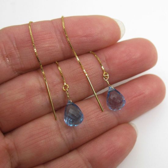 Wholesale 14K Yellow Gold Threader Earrings-Sky Blue Topaz