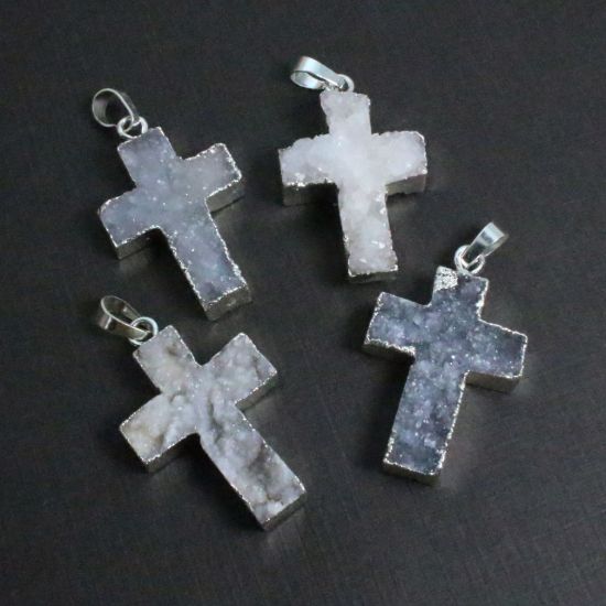 Wholesale Natural Agate Druzy Pendant, Grey Druzy Cross ,Agate Silver Edging,  30mm