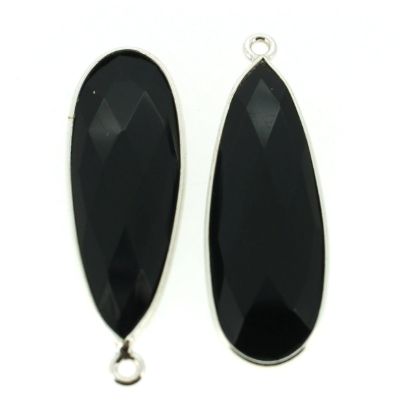 Wholesale Sterling Silver Bezel Charm Pendant - 34x11mm Elongated Teardrop -Black Onyx