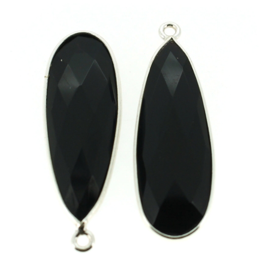 Wholesale Sterling Silver Bezel Charm Pendant - 34x11mm Elongated Teardrop -Black Onyx