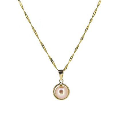 Wholesale Solid 14K Yellow Gold  Bezel Pink Color Freshwater Pearl Necklace - 16"