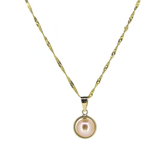 Wholesale Solid 14K Yellow Gold  Bezel Pink Color Freshwater Pearl Necklace - 16"