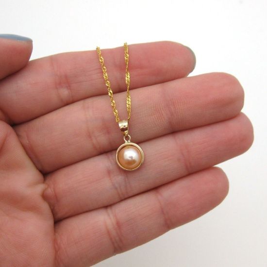 Wholesale Solid 14K Yellow Gold  Bezel Pink Color Freshwater Pearl Necklace - 16"