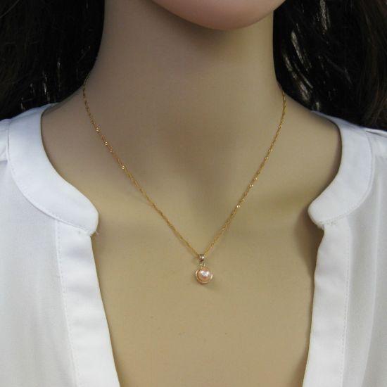 Wholesale Solid 14K Yellow Gold  Bezel Pink Color Freshwater Pearl Necklace - 16"