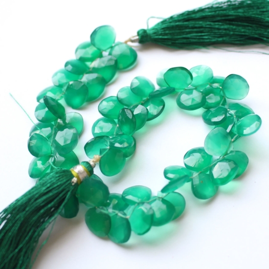 Wholesale Semiprecious Gemstone Beads -100% Genuine Green Onyx Gemstone Bead Faceted Heart Shape Briolette- Grade B- Graduated - 9 inches