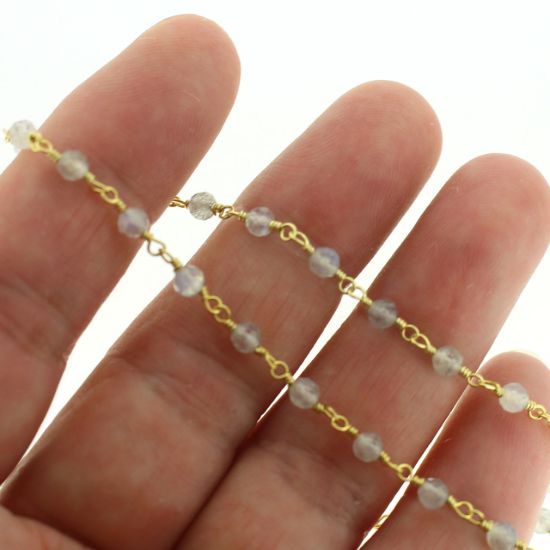 Wholesale Gold over Sterling Silver Labradorite Rosary Chain By the Foot - 3mm Round Faceted Beads