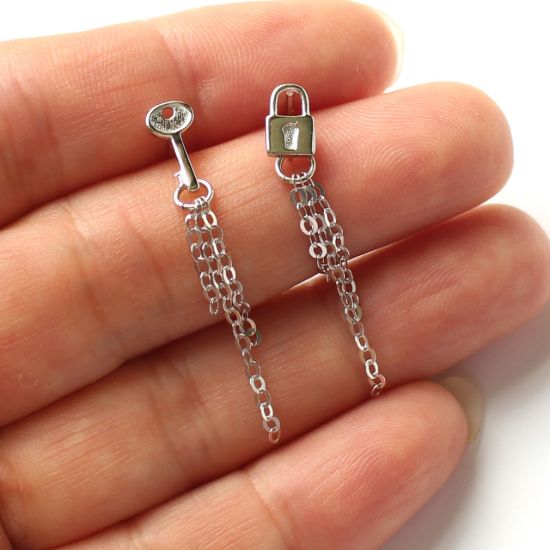 Wholesale Rhodium Over Sterling Silver Lock and Key Earring Posts ( 1 pair)