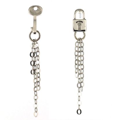 Wholesale Rhodium plated Sterling Silver Earrings-Key and Lock Tassel Earrings (Sold Per Pair)