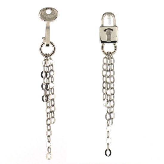Wholesale Rhodium plated Sterling Silver Earrings-Key and Lock Tassel Earrings (Sold Per Pair)