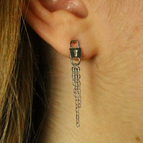 Wholesale Rhodium plated Sterling Silver Earrings-Key and Lock Tassel Earrings (Sold Per Pair)