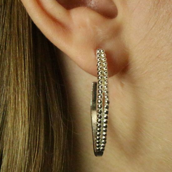 Wholesale Sterling Silver Thick Diamond Shaped Beaded Hoop Earrings - 30mm  (1 pair)