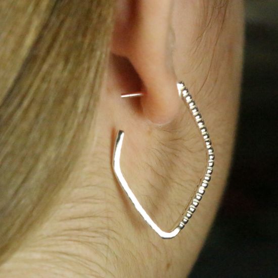 Wholesale Sterling Silver Thick Diamond Shaped Beaded Hoop Earrings - 30mm  (1 pair)