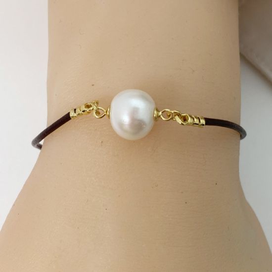 Wholesale Gold over Sterling Silver Freshwater Pearl On Leather  Necklace or Bracelet- Adjustable Length