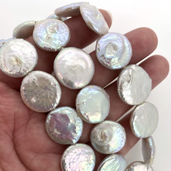 Wholesale Creamy White Freshwater Pearls, 16 mm Coin Shape - June Birthstone (Sold Per Strand)