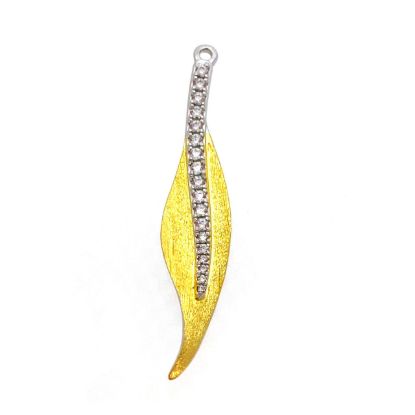 Wholesale Gold over Sterling Silver Two Tone Feather Charm with CZ stone-40mm 