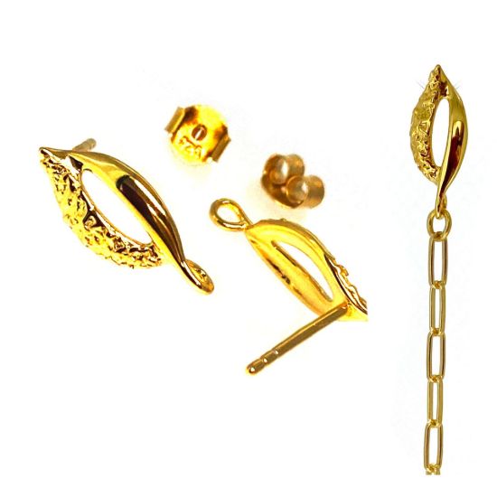 Wholesale Gold Over 925 Sterling Silver Textured Leaf Earring Posts - 16mm (1 pair) 