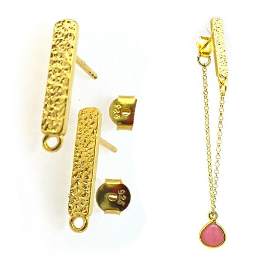 Wholesale Gold Over 925 Sterling Silver Textured Fancy Bar Earring Posts - 17mm (1 pair) 