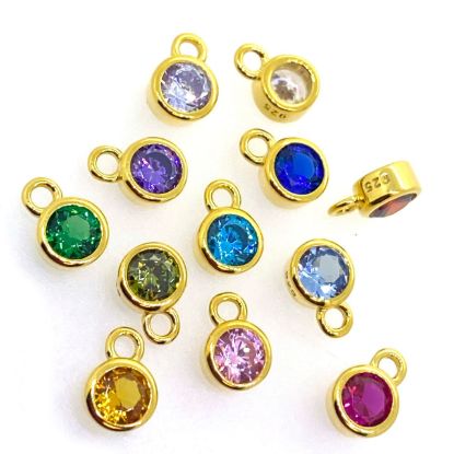 Wholesale Gold over Sterling Silver Fancy Bezel Birthstone Charm Pendant - 4mm Tiny Round Charm with CZ Stone Grade AAAA