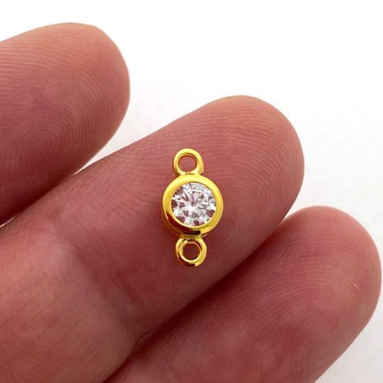 Wholesale Gold over Sterling Silver Fancy Bezel Birthstone Connector- 4mm Tiny Round Connector with CZ Stone Grade AAAA