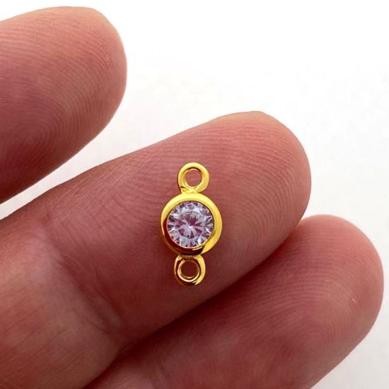 Wholesale Gold over Sterling Silver Fancy Bezel Birthstone Connector- 4mm Tiny Round Connector with CZ Stone Grade AAAA
