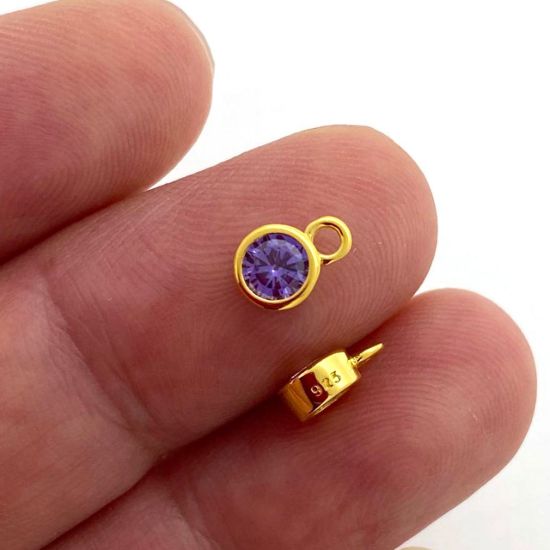 Wholesale Gold over Sterling Silver Fancy Bezel Birthstone Charm Pendant - 4mm Tiny Round Charm with CZ Stone Grade AAAA