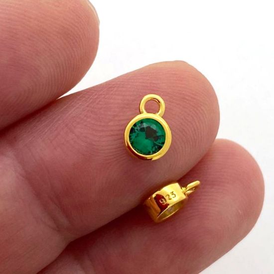 Wholesale Gold over Sterling Silver Fancy Bezel Birthstone Charm Pendant - 4mm Tiny Round Charm with CZ Stone Grade AAAA