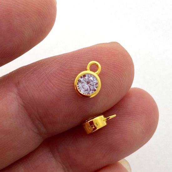 Wholesale Gold over Sterling Silver Fancy Bezel Birthstone Charm Pendant - 4mm Tiny Round Charm with CZ Stone Grade AAAA