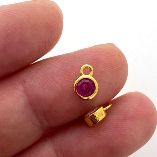 Wholesale Gold over Sterling Silver Fancy Bezel Birthstone Charm Pendant - 4mm Tiny Round Charm with CZ Stone Grade AAAA