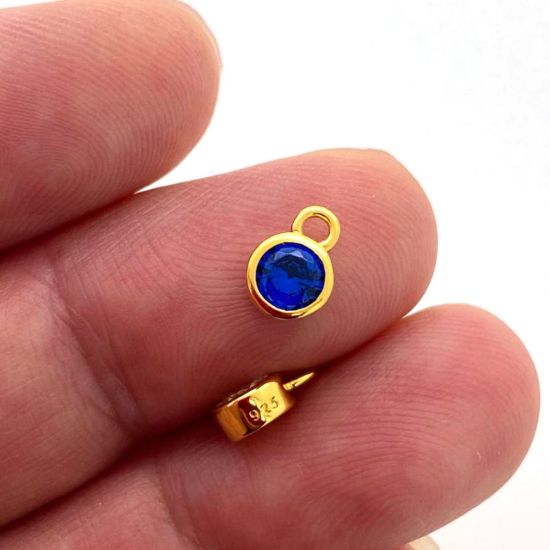 Wholesale Gold over Sterling Silver Fancy Bezel Birthstone Charm Pendant - 4mm Tiny Round Charm with CZ Stone Grade AAAA