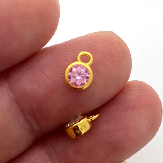 Wholesale Gold over Sterling Silver Fancy Bezel Birthstone Charm Pendant - 4mm Tiny Round Charm with CZ Stone Grade AAAA