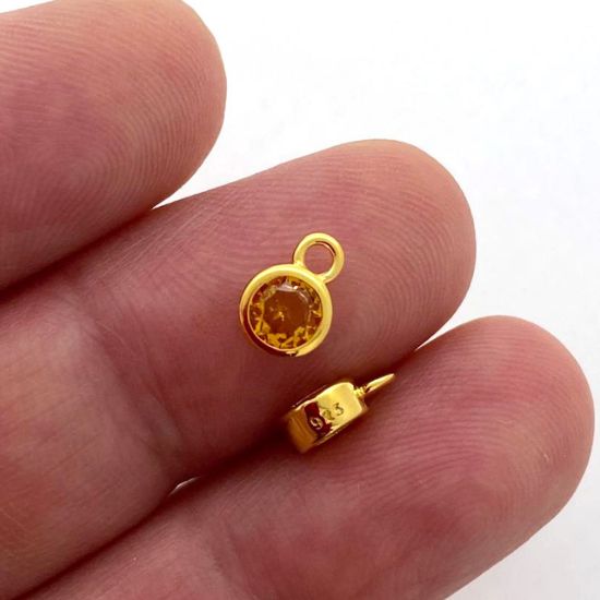 Wholesale Gold over Sterling Silver Fancy Bezel Birthstone Charm Pendant - 4mm Tiny Round Charm with CZ Stone Grade AAAA