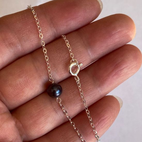 Wholesale Sterling Silver Single Black Pearl Necklace - 16" 