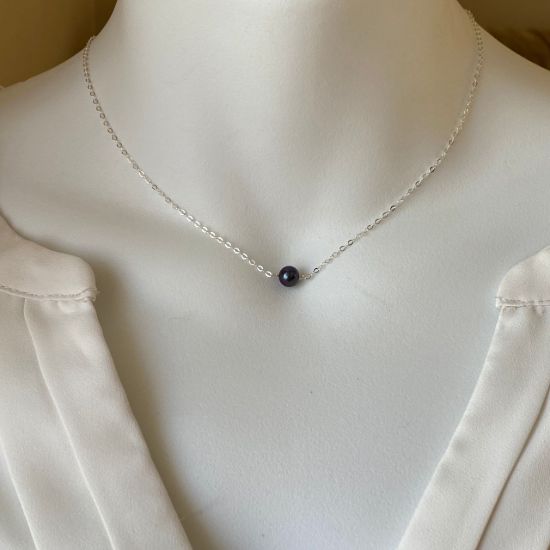 Wholesale Sterling Silver Single Black Pearl Necklace - 16" 