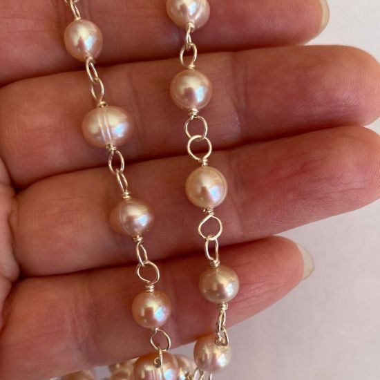 Wholesale Wire Wrapped Freshwater Pearls-Dark Pink Pearl Rosary Chains-6-7mm-Jewelry Making Rosary Chains-Sold per Foot 